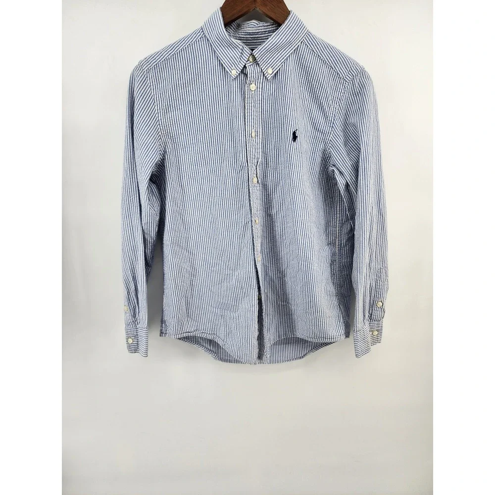 Ralph Lauren Kids Blue White Striped Seersucker Button Down Shirt Size L 14-16‎